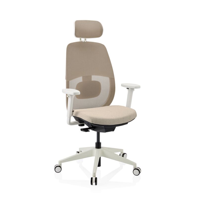hjh OFFICE Bürostuhl Drehstuhl Stuhl Skandis Pro Kopfstütze Beige Weiß Mesh - 4064323109235