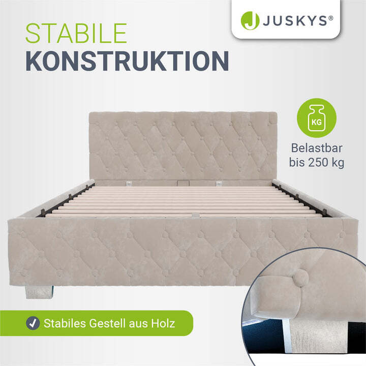 Polsterbett Nizza mit Stauraum und Samtbezug Beige 140x200cm stabil Beleuchtung - 4260565527176
