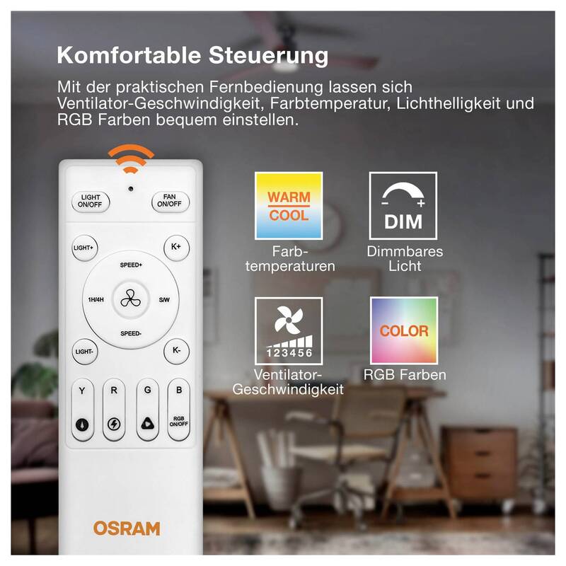 OSRAM Deckenventilator Bise 1065mm RGB dimmbar mit Beleuchtung Fernbedienung - 4058075857773