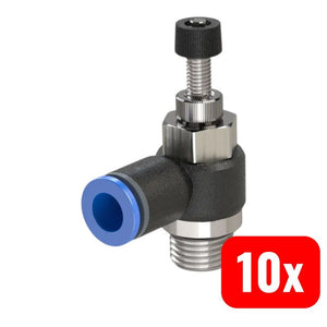 10x B-Ware RIEGLER® - Drosselrückschlagventil Blaue Serie Rändel Winkel Abluftdrosselung M5 6mm