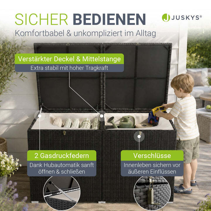Polyrattan Auflagenbox IkariaGartenbox 950 Liter Deckel und Innenplane Schwarz - 4260565524533