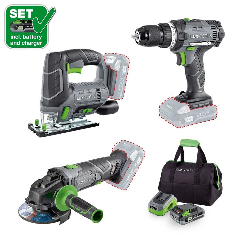 LUX-TOOLS Akku-Maschinen-Set 3-in-1 A-BS-20 A-ST-20 A-WS-20/115A mit Tasche 20V - 4007873805981