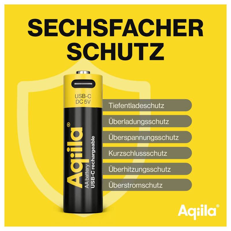 Aqiila AA USB-C Akku Li-Ion 2000 mAh 1,5 V wiederaufladbar Energiequelle 4 Stück - 8716778936367