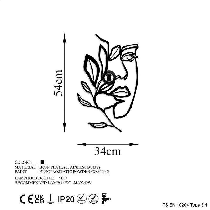 Flower Faced Wandlampe Leuchte Wandbeleuchtung schwarz Metall 54 x 34 cm La333 - 8683743676378