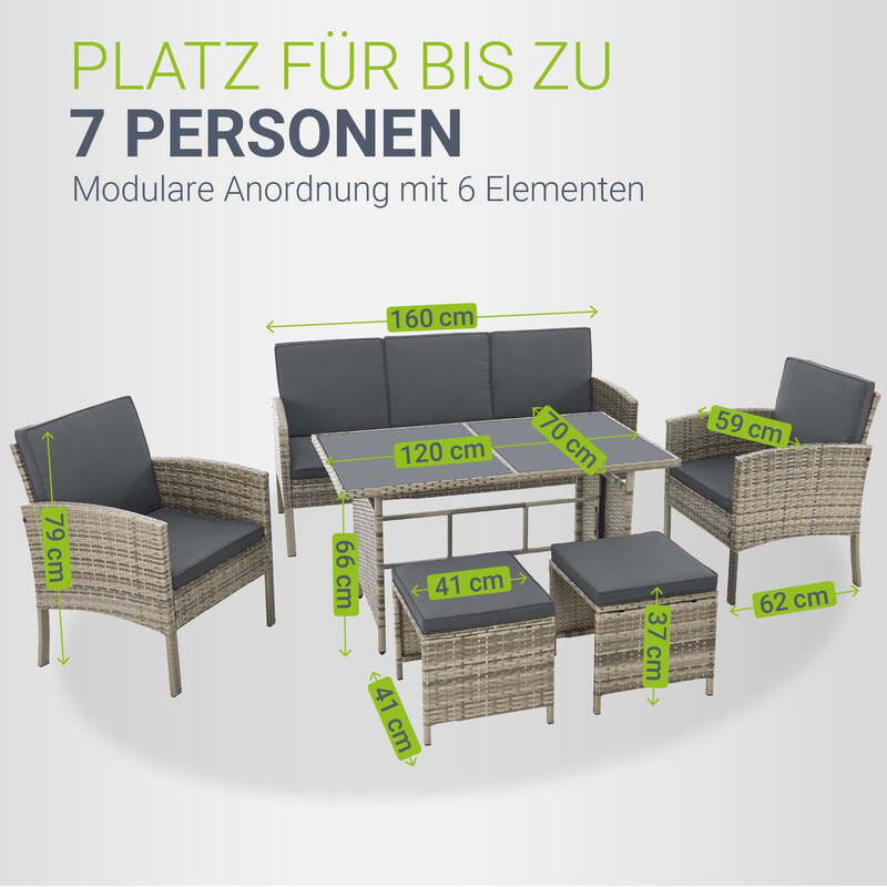 Rattan Sitzgruppe Turin Polyrattan Gartenmöbel Set für 7 Personen mit Kissen - 4262437180250