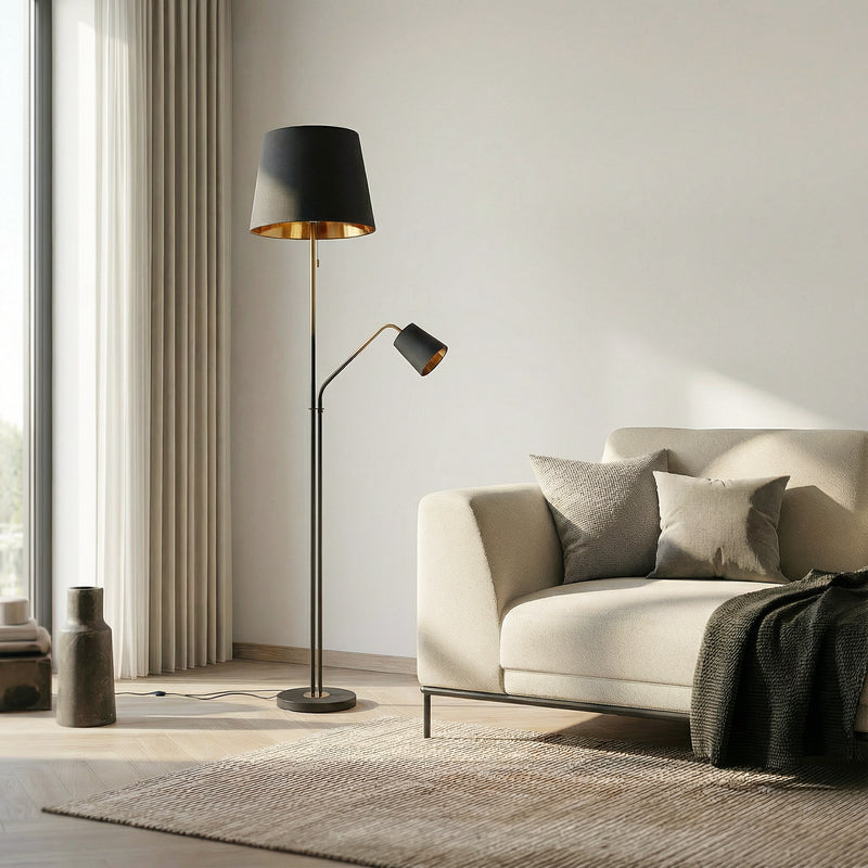 Lindby Stehlampe Efalia LED Leselampe schwarz-gold Textil 175cm mit Schalter - 4251911741278