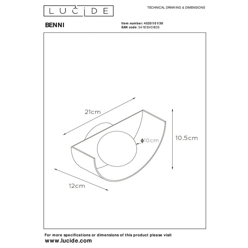 Lucide Wandlampe Benni LED Wandleuchte Lampe dimmbar schwarz Ø10cm 21x10,5cm - 5411212451835