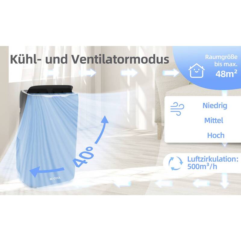 Be Cool Monoblock-Klimagerät 14000 BTU Heizgerät Kühlen Heizen schwarz 120m³ - 9005151005639
