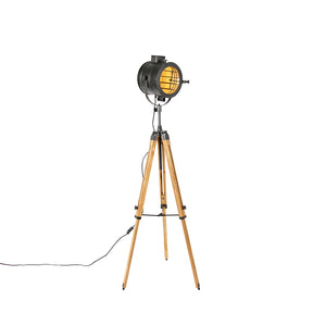 B-Ware Tripod Floor Lamp Black with Wood Studio Spot - Radient