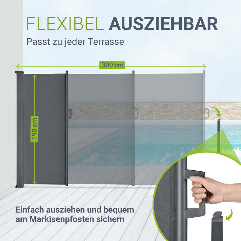 Seitenmarkise Dubai Sichtschutz Garten Terrasse Dunkelgrau 300x190cm ausziehbar - 4260304769966