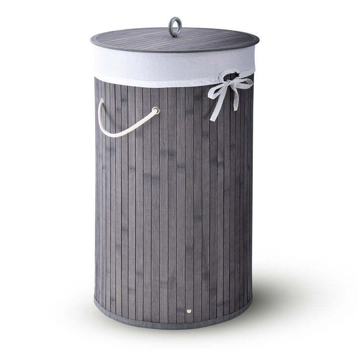 Bambus Wäschekorb Curly-Round 55l Wäschekorb mit Deckel und Tragegriff grau weiß - 4260565524434