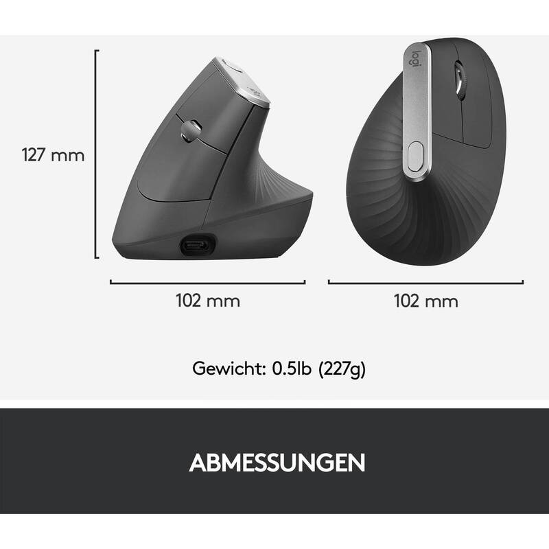 Logitech Ergonomische Maus MX Vertical Bluetooth Schwarz Silber 4 Tasten 4000dpi - 5099206081901