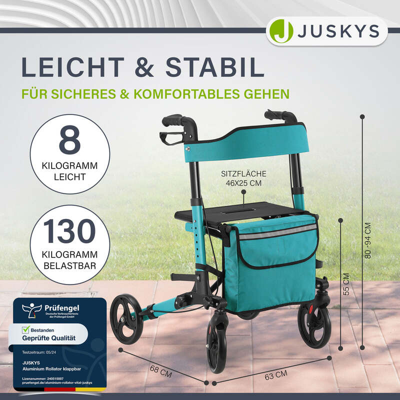 Aluminium Rollator Vital klappbar Gehhilfe mit Sitz und Tasche Petrol Blau - 4260565522706