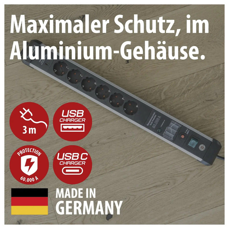 Brennenstuhl 1391010620 Überspannungsschutz-Steckdosenleiste 6-fach 3m USB Ty... - 4007123677078