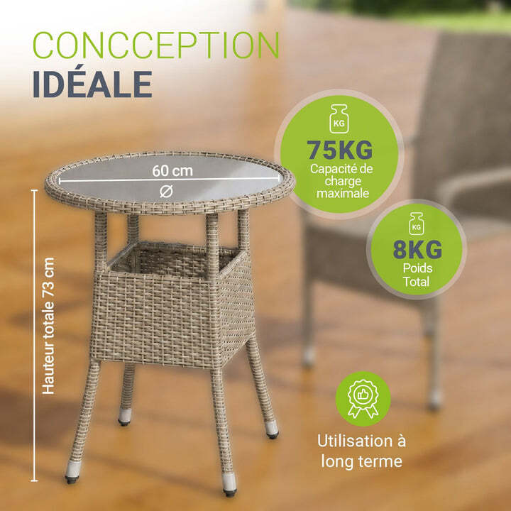 Runder Gartentisch Yoro Polyrattan Tisch mit Glasplatte grau Ø60cm wetterfest - 4262437180151