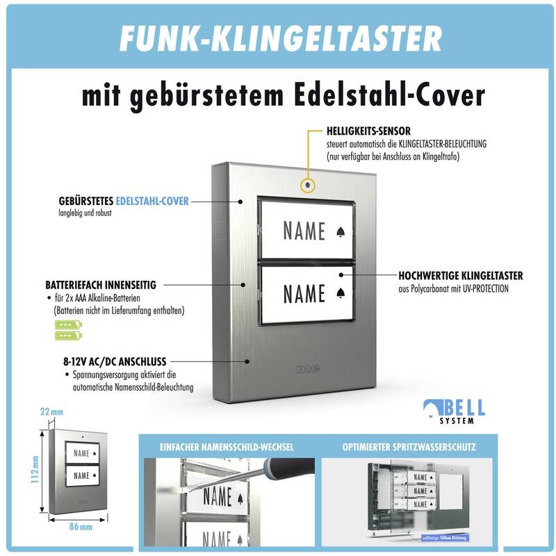 m-e modern-electronics Funkklingel Set Türklingel Bewegungsmelder beleuchtet - 4250109134199