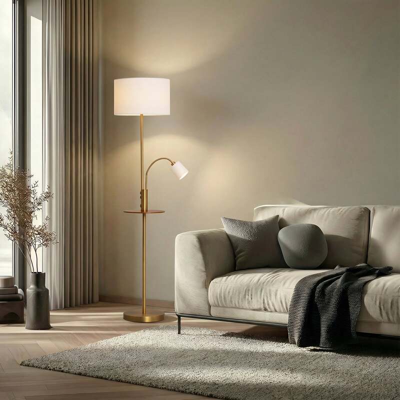 Lindby Stehlampe Aovan LED Lampe mit Ablage USB-Anschluss bronze creme 170cm - 4251911702620