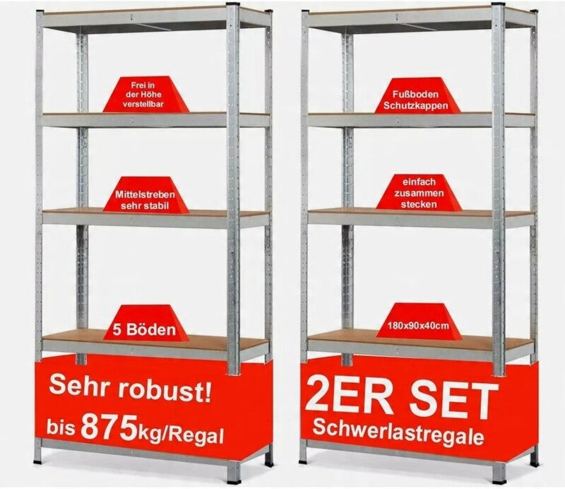 Izzy 2er-Set Regale 180x90x40 cm Metall 5 Böden Tragkraft 875 kg Werkzeuglose... - 4047385850031