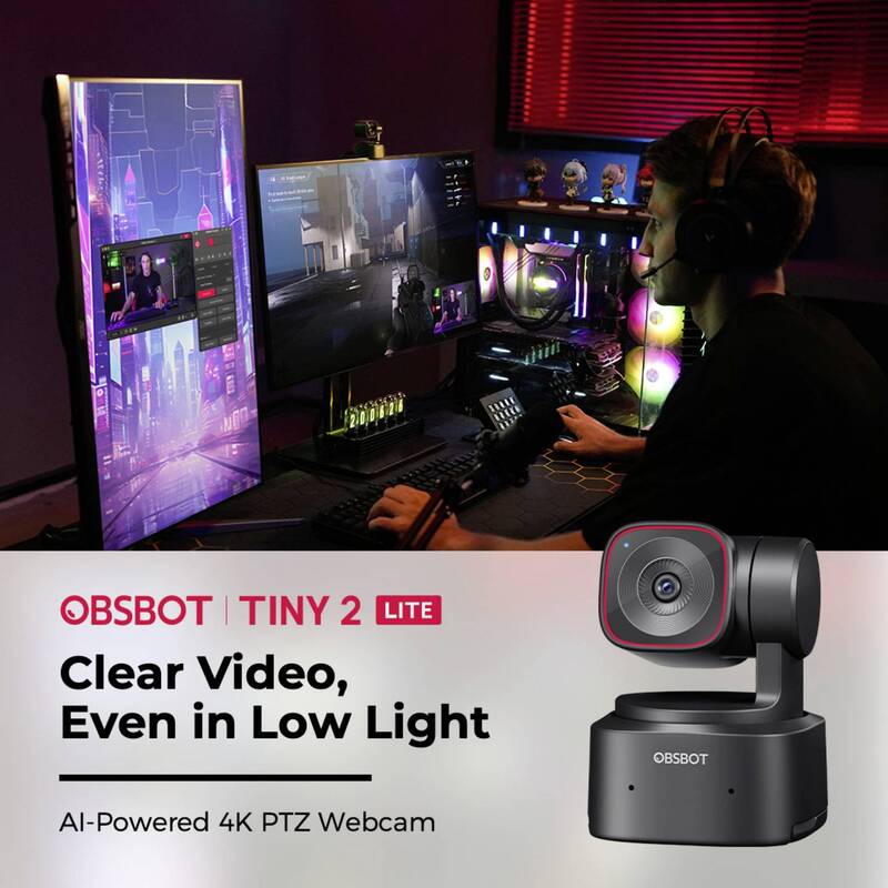 OBSBOT Tiny 2 Lite 4K Webcam mit AI Auto-Tracking und Klemm-Halterung schwarz - 6971889230441
