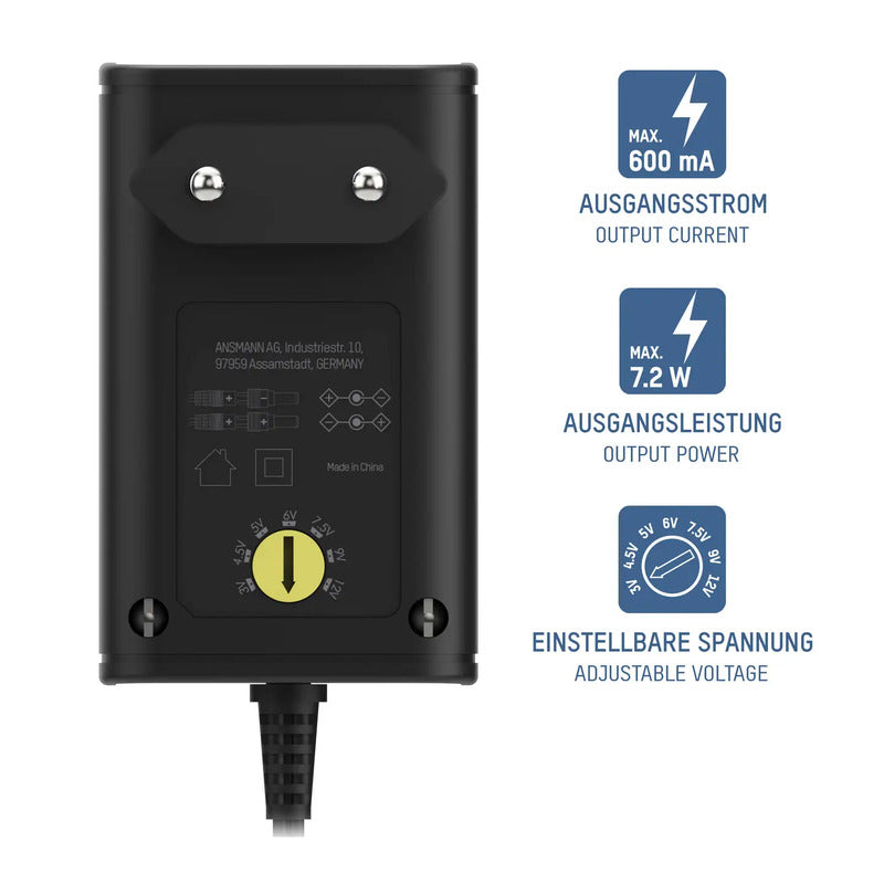Ansmann Steckernetzteil APS 600 einstellbar 12V 9V 7.5V 6V 4.5V 3V 600mA 7.20W - 4013674164097