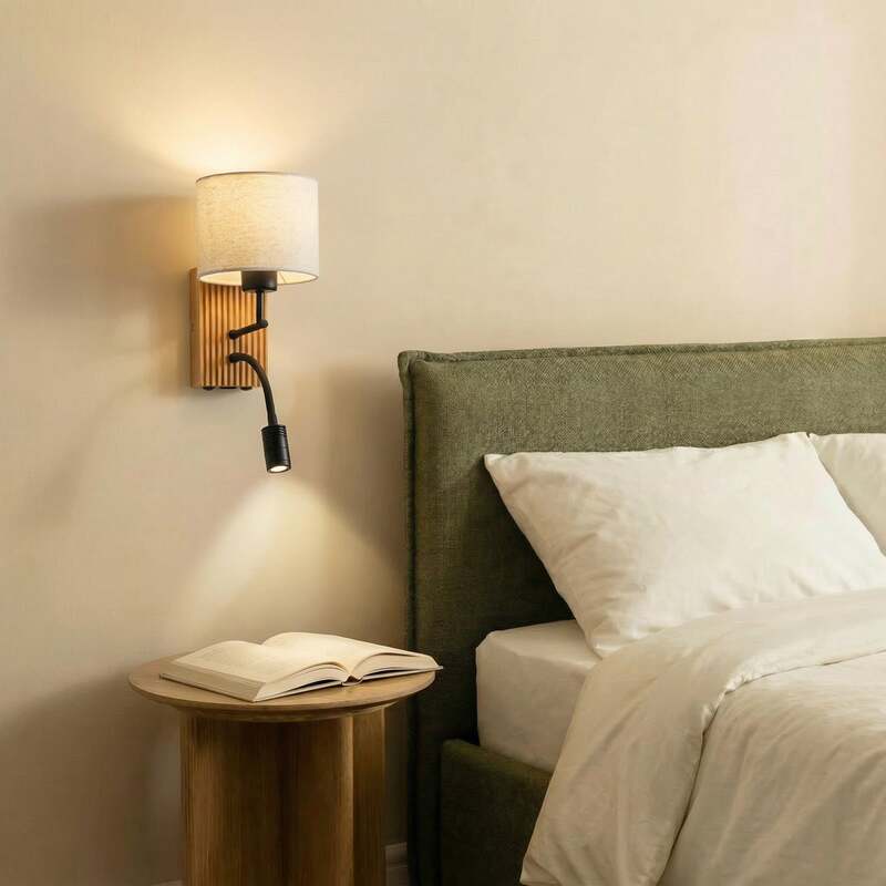 Lucande Wandleuchte Wandlampe Lieske Leselicht Textil Holz beige 39 cm - 4255830901249