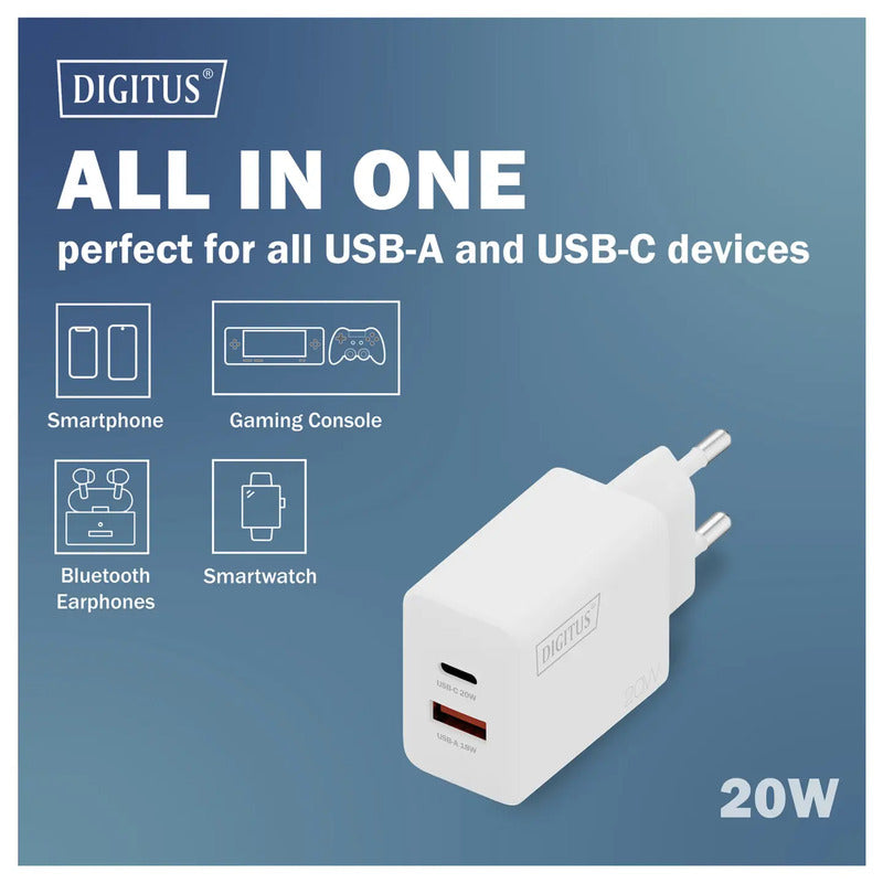 Digitus USB Ladegerät DA-10300 20W 1x USB-A 1x USB-C Ladegerät weiß kompakt - 4016032505808