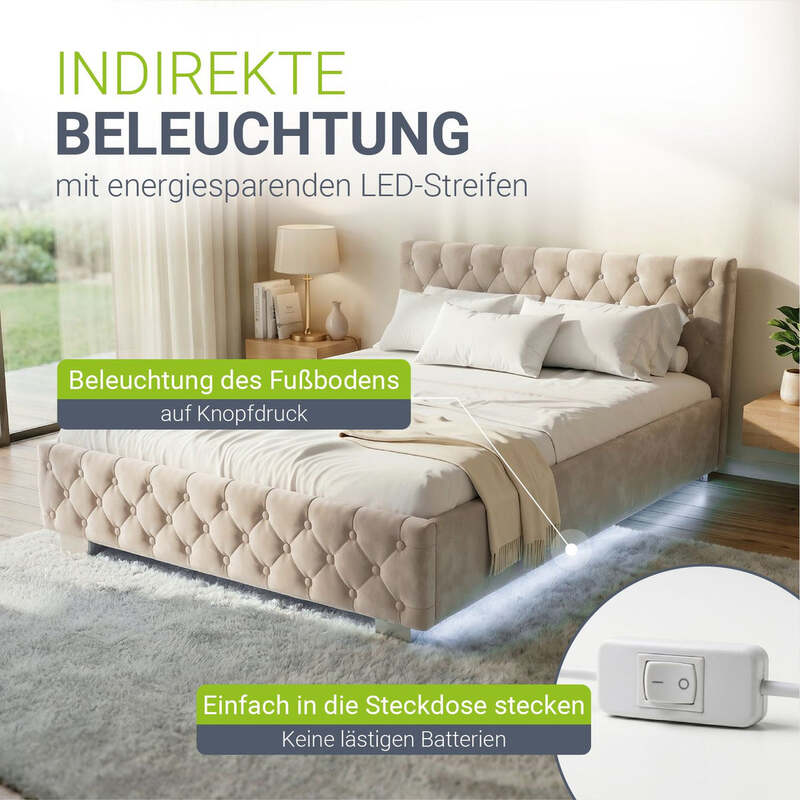Polsterbett Nizza mit Stauraum und Samtbezug Beige 140x200cm stabil Beleuchtung - 4260565527176
