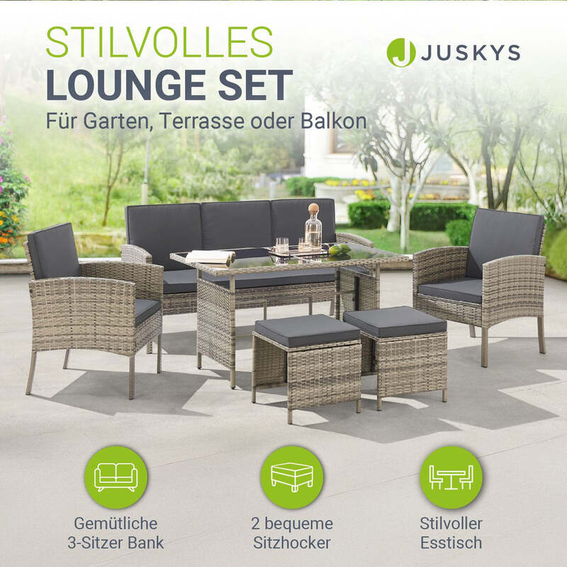 Rattan Sitzgruppe Turin Polyrattan Gartenmöbel Set für 7 Personen mit Kissen - 4262437180250