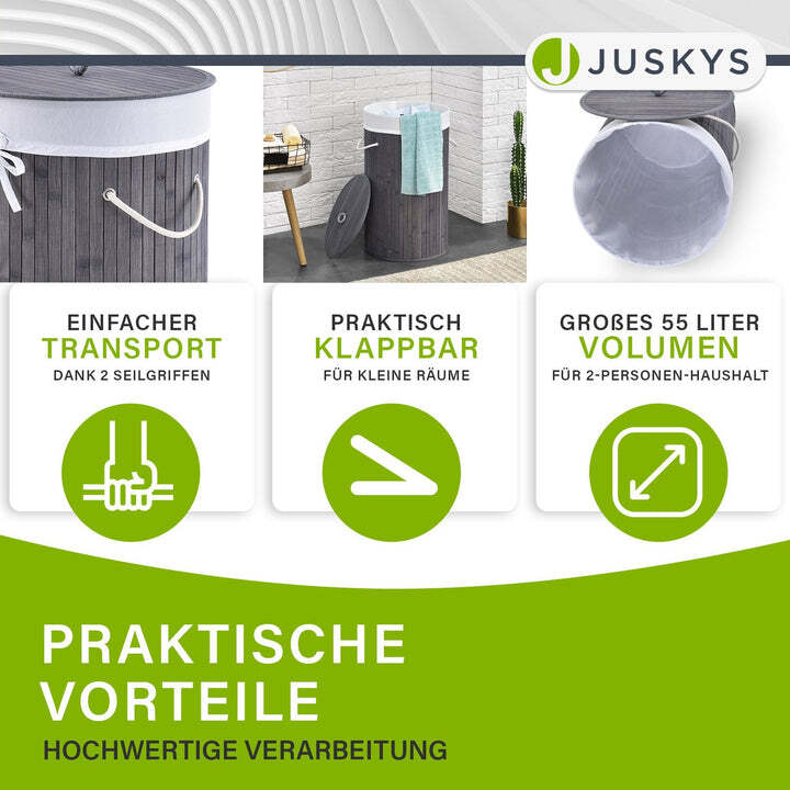 Bambus Wäschekorb Curly-Round 55l Wäschekorb mit Deckel und Tragegriff grau weiß - 4260565524434