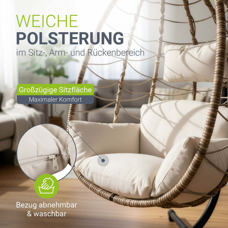 Korbhängesessel Aria Hängesessel Relaxsessel mit Gestell Kissen Aufhängung Beige - 4260565526995