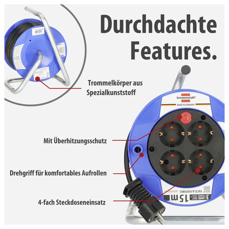 Brennenstuhl Kabeltrommel 15m Schutzkontakt-Stecker 4-fach Überhitzungsschutz - 4007123108053
