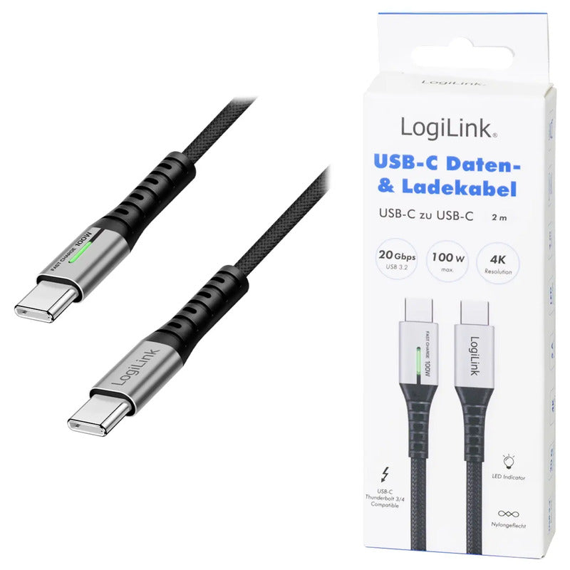 LogiLink USB-C Kabel USB 3.2 Gen2x2 2m Schwarz mit LED 4K UHD Datenkabel 100W - 4052792079913