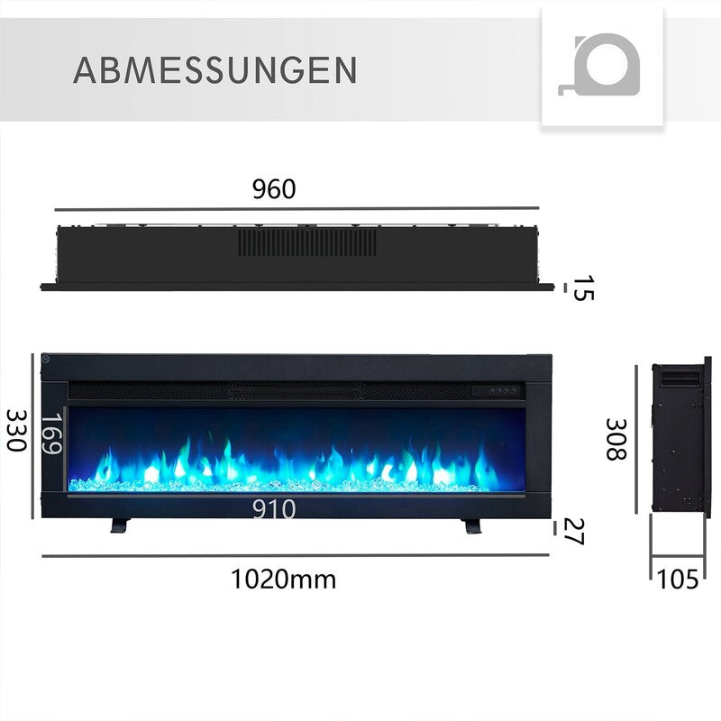 BALDERIA Elektrokamin Agnes Heizlüfter Wandheizung 2000W schwarz 102x33cm - 4262354949558