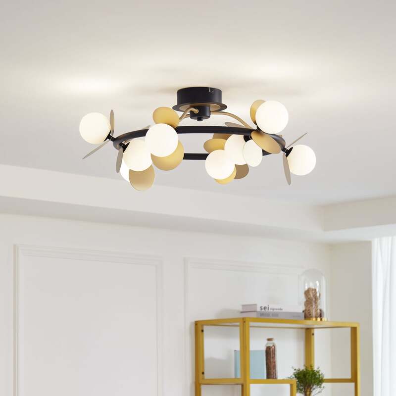 Lucande Deckenlampe Pallo LED dimmbar 9-flg schwarz-gold Glas Ø70cm Leuchte - 4251911775891