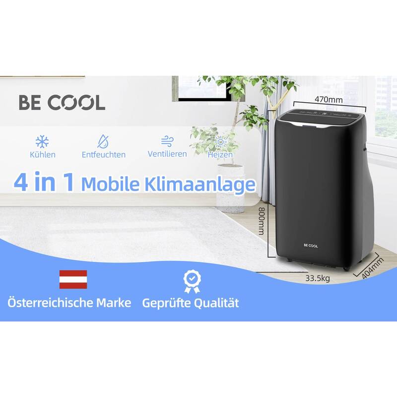 Be Cool Monoblock-Klimagerät 14000 BTU Heizgerät Kühlen Heizen schwarz 120m³ - 9005151005639