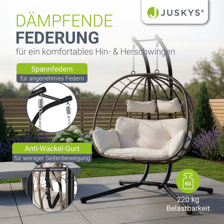 Polyrattan Doppelhängesessel Aria Freischwingend mit Kissen für 2 Personen beige - 4262437181349