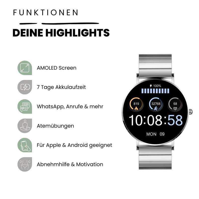 XCOAST Smartwatch SIONA 2 Damen wasserdicht Pulsüberwachung silber 30 Tage Akku - 4260449576924