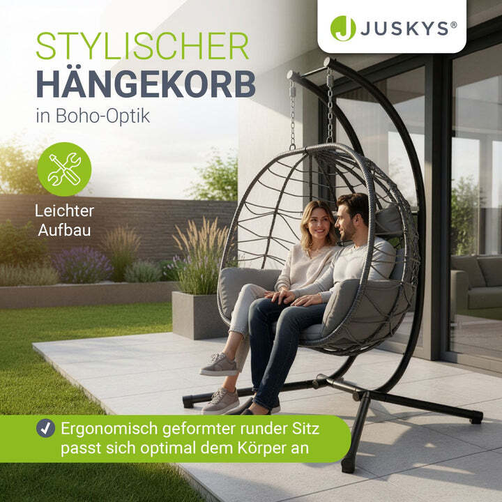 Polyrattan Doppelhängesessel Aria für 2 Personen mit Gestell und Kissen grau - 4262437181332