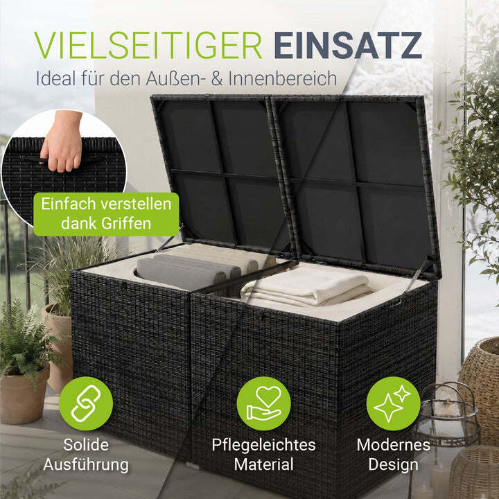 Polyrattan Auflagenbox IkariaGartenbox 950 Liter Deckel und Innenplane Schwarz - 4260565524533