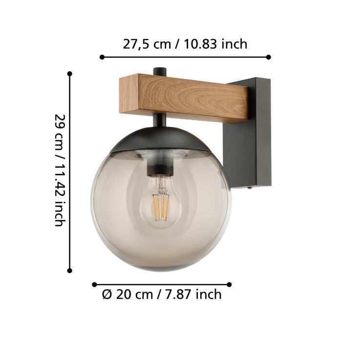 EGLO Außenwandleuchte Bufalata Wandleuchte Wandlampe E27 schwarz Holz Glas rauch - 9008606261765