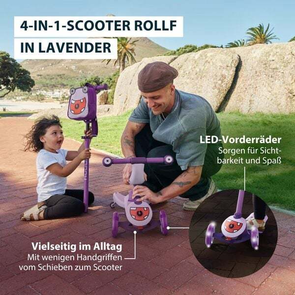 HUDORA Monopattino 4-in-1 Kinderfahrzeug Trike Scooter mit LED-Rädern lavendel - 4005998110546