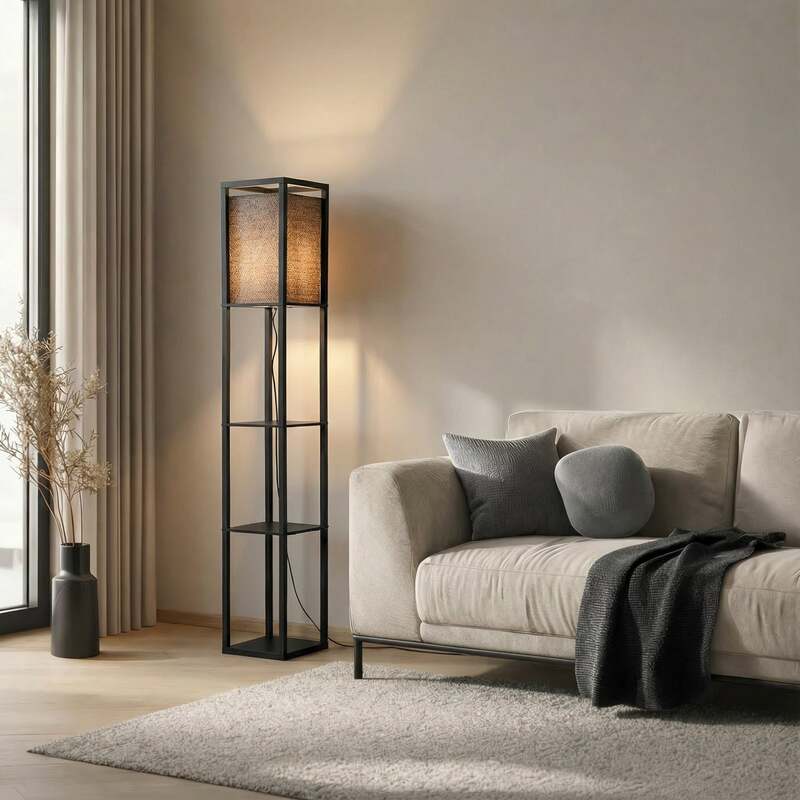 Lindby Stehleuchte Birta schwarz Regal Holz Lampe 159cm E27 15W LED Leuchte - 4251911772807