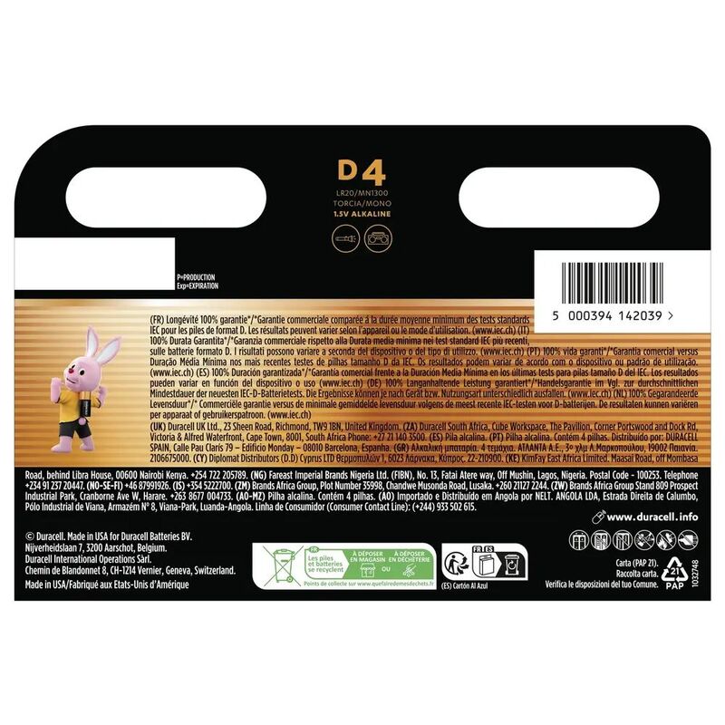 Duracell Batterie 1,5V Mono D Plus-D K4 (Bli.4) zuverlässige Energiequelle - 5000394142039