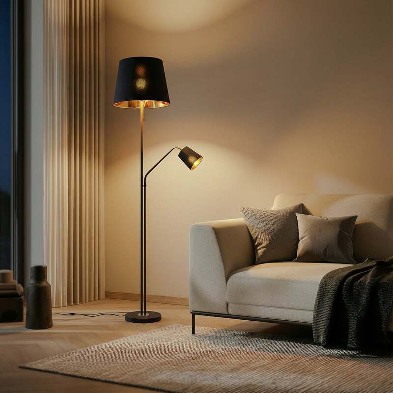 Lindby Stehlampe Efalia LED Leselampe schwarz-gold Textil 175cm mit Schalter - 4251911741278