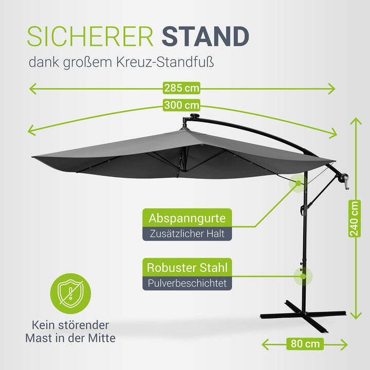 Ampelschirm Garten Brazil Sonnenschirm mit LED Kurbel und Standfuß grau 300cm - 4260565521396