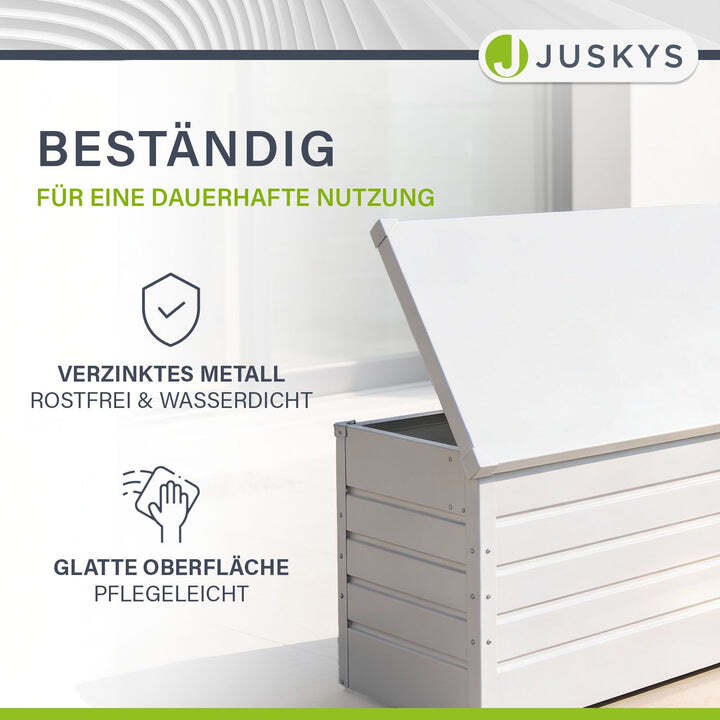 Metall Auflagenbox Limani 380 L wasserdichte Gartenbox sichere Aufbewahrung weiß - 4260565529118