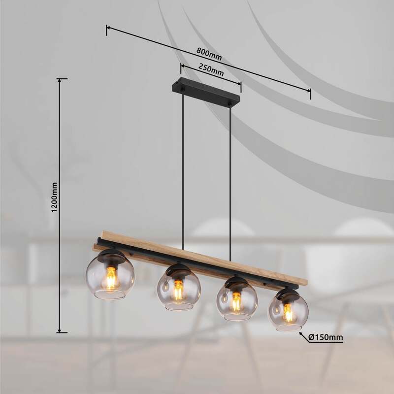 Hängelampe Conni 85 cm rauchgrau Holz/Glas 4-flg dimmbar Globo - 9007371444236