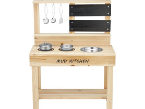 B-Ware Matschküche Spielküche Naturholz mit Kreidetafel und Küchen-Set 60x30x75cm