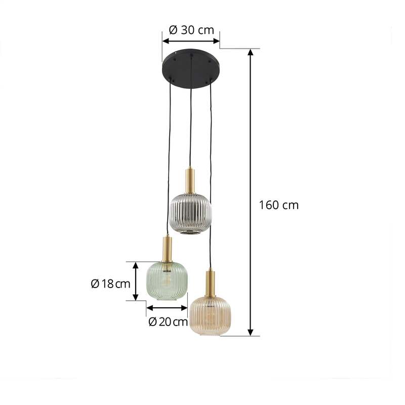 Lindby Hängeleuchte Doroteo 3-flg grün amber grau 45 cm Glas dimmbar E27 - 4251911792997