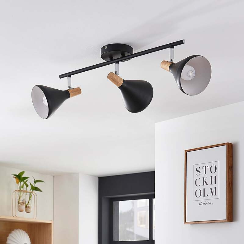 Lindby Deckenleuchte Deckenlampe Arina schwarz dreiflammig Metall Holz 53 cm - 4251096547009